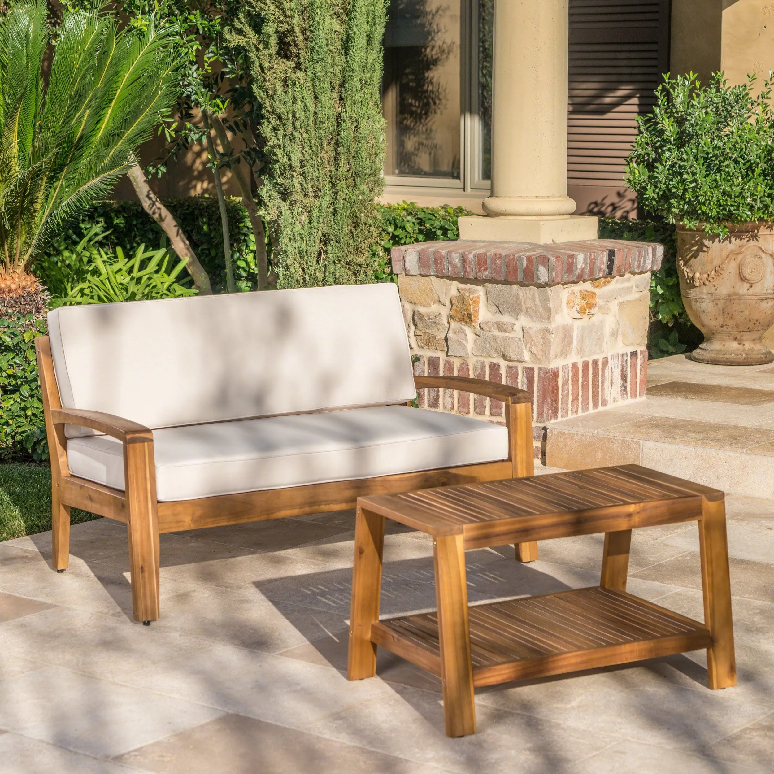 Outdoor Acacia Wood Loveseat and Coffee Table Set with Cushions - NH354303 patio chairs, outdoor seating