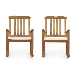Outdoor Acacia Wood Rocking Chair with Cushion, Set of 2, Teak and Beige - NH636513 patio chairs, outdoor seating