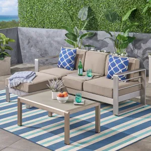 Outdoor Aluminum 3-Seater Sofa Set with Coffee Table and Ottman, Silver and Khaki - NH043603 patio chairs, outdoor seating
