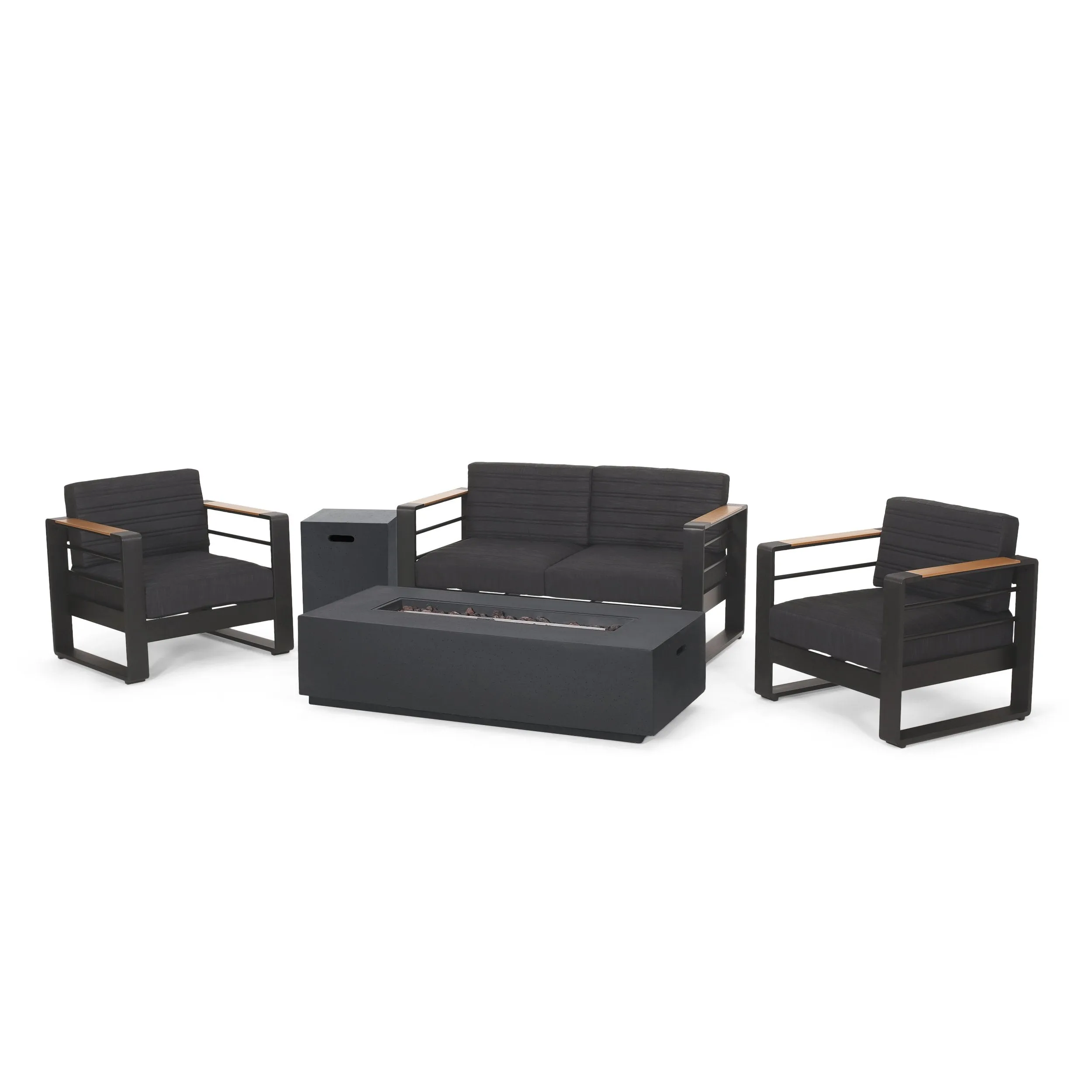 Outdoor Aluminum 4 Seater Chat Set with Fire Pit, Black, Natural, and Dark Gray - NH534413 clothes rack, garment rack
