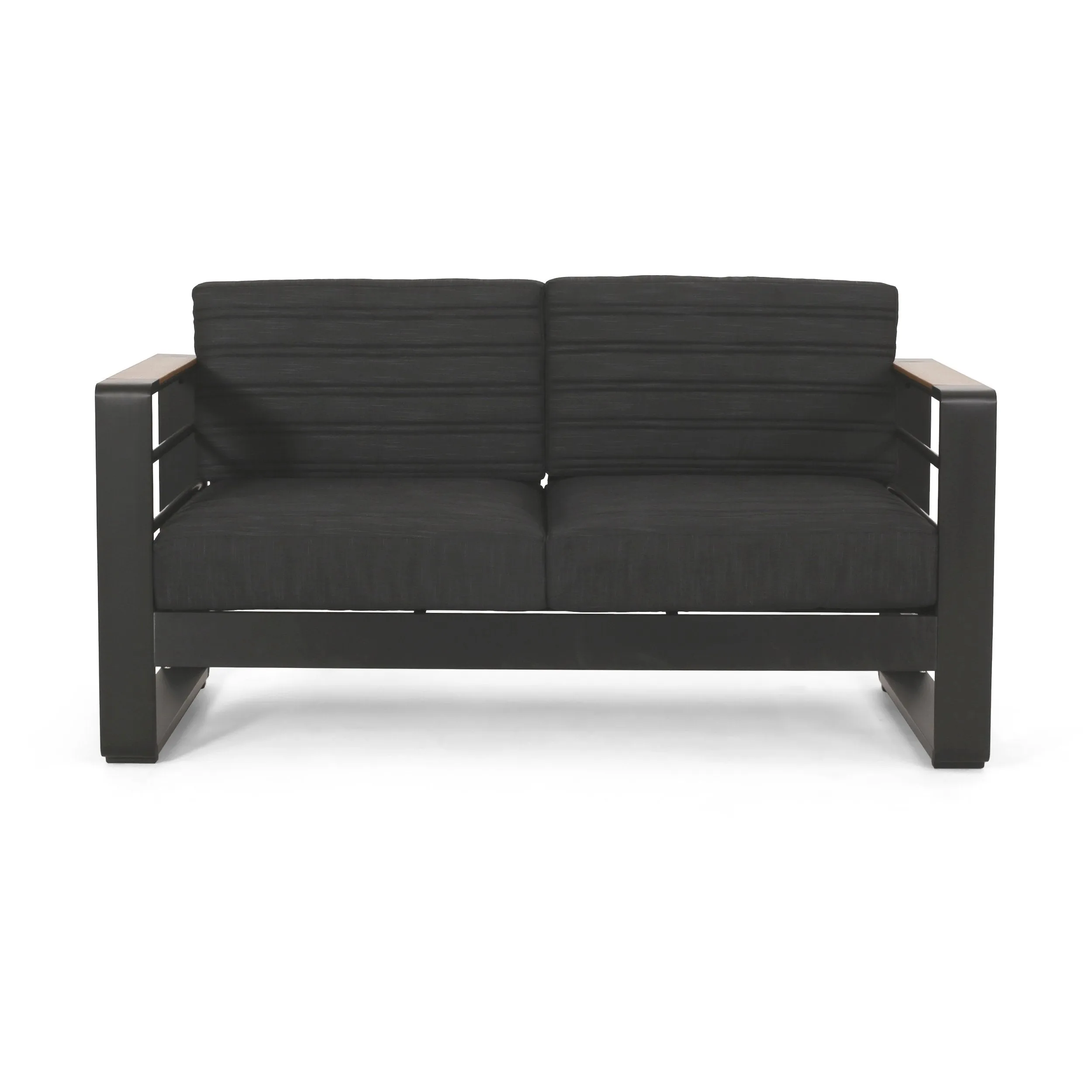Outdoor Aluminum 4 Seater Chat Set with Fire Pit, Black, Natural, and Dark Gray - NH634413