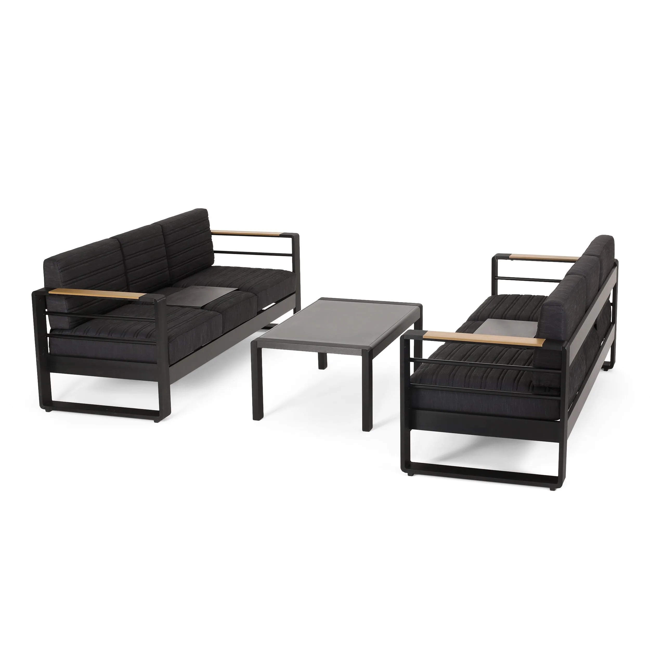Outdoor Aluminum 6 Seater Chat Set with Water Resistant Cushions, Black, Natural, and Dark Gray - NH558413 patio chairs, outdoor seating