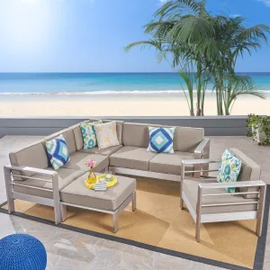 Outdoor Aluminum 6-Seater V-Shaped Sectional Sofa Set with Ottoman - NH443603 patio chairs, outdoor seating