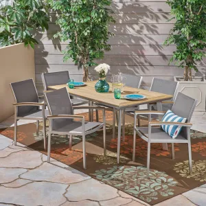 Outdoor Aluminum 7-Piece Dining Set with Mesh Chairs and Faux Wood Top - NH098503 patio chairs, outdoor seating
