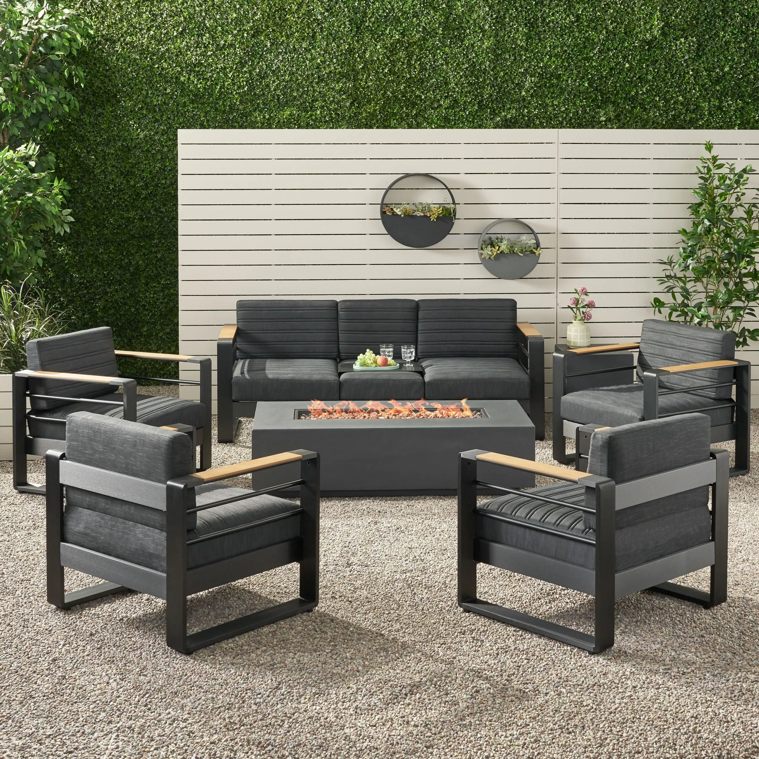 Outdoor Aluminum 7 Seater Chat Set with Fire Pit, Black, Natural, and Dark Gray - NH458413