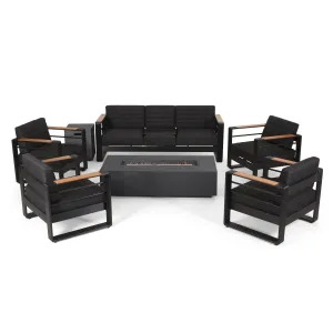 Outdoor Aluminum 7 Seater Chat Set with Fire Pit, Black, Natural, and Dark Gray - NH458413 clothes rack, garment rack