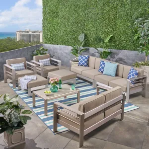 Outdoor Aluminum 8-Seater Sectional Sofa Set with Coffee Table and Ottomans, Silver and Khaki - NH643603 patio chairs, outdoor seating