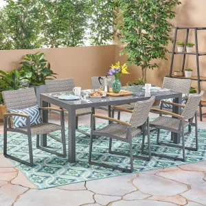 Outdoor Aluminum and Wicker 7 Piece Dining Set with Glass Table Top, Gray and Gray - NH486503 patio chairs, outdoor seating
