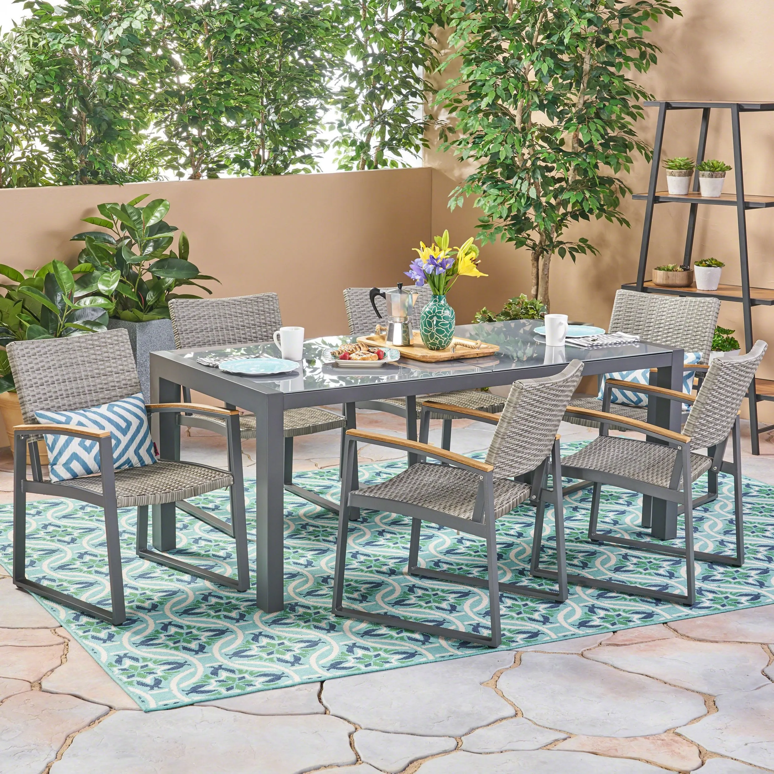 Outdoor Aluminum and Wicker 7 Piece Dining Set with Glass Table Top, Gray and Gray - NH486503 patio chairs, outdoor seating