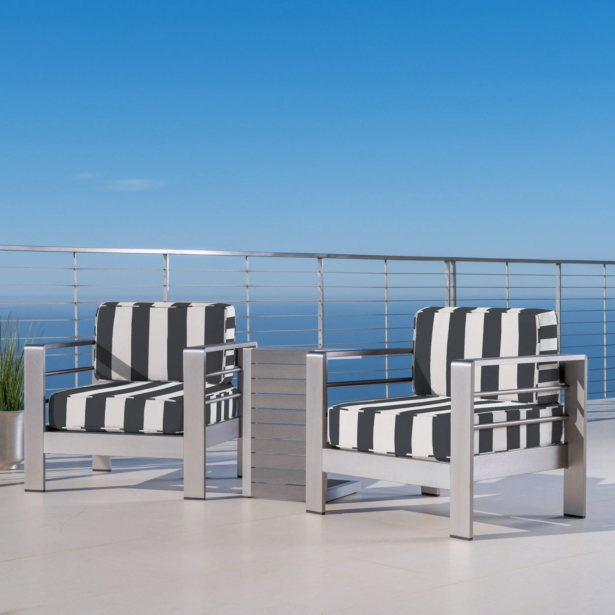 Outdoor Aluminum Club Chairs and Faux Wood Side Table Set with Cushions, Silver and Cabana Classic Sunbrella (Optional Sunbrella Cushions) - NH467403 clothes rack, garment rack