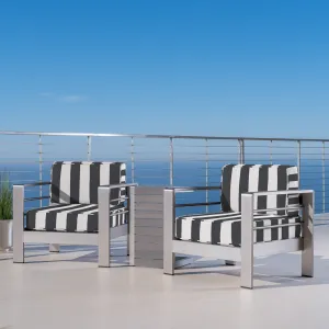 Outdoor Aluminum Club Chairs and Faux Wood Side Table Set with Cushions, Silver and Cabana Classic Sunbrella (Optional Sunbrella Cushions) - NH467403 clothes rack, garment rack