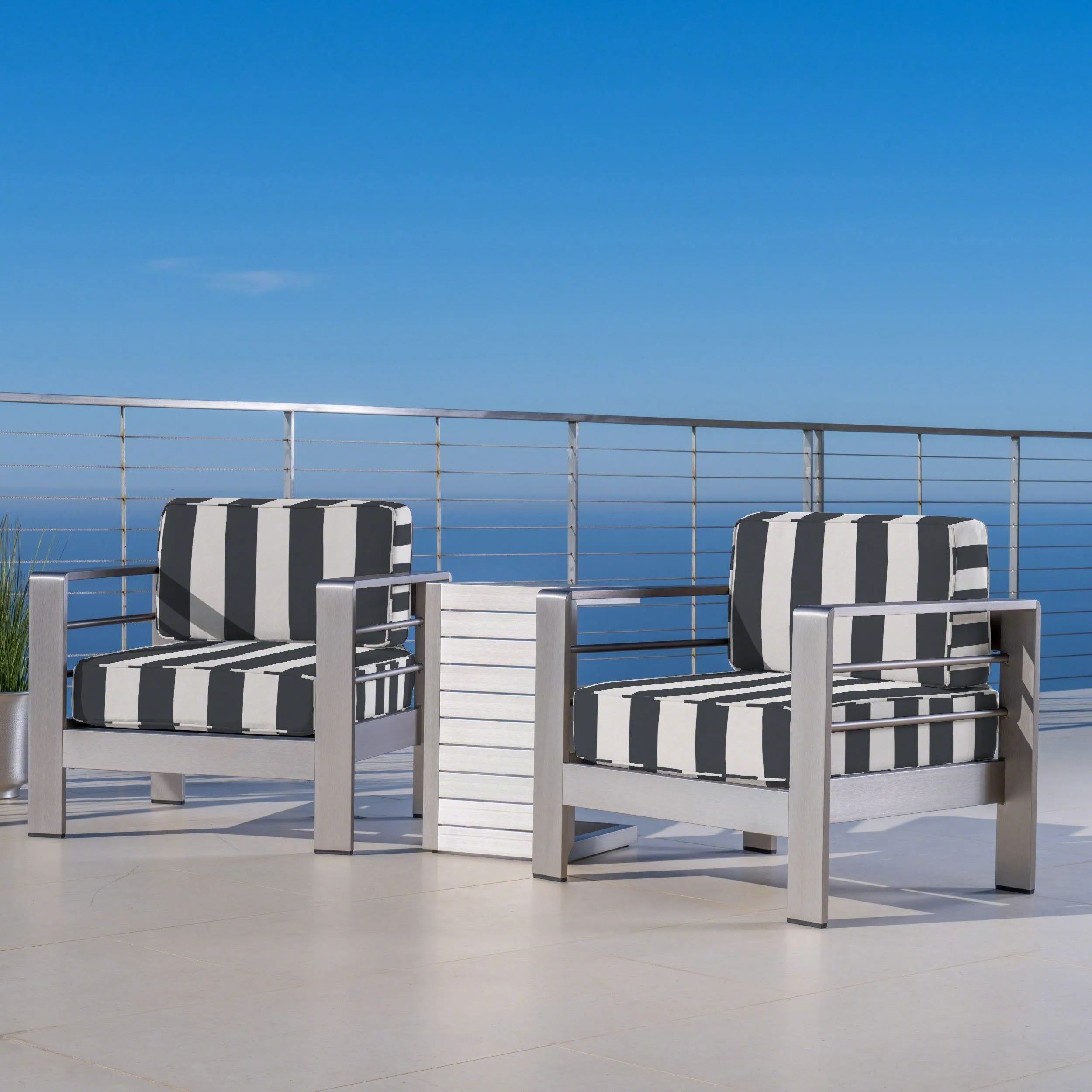 Outdoor Aluminum Club Chairs and Side Table Set with Cushions, Silver and Cabana Classic Sunbrella (Optional Sunbrella Cushions) - NH667403 clothes rack, garment rack
