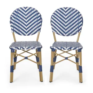 Outdoor Aluminum French Bistro Chairs, Set of 2, Navy Blue, White, and Bamboo Finish - NH044413 patio chairs, outdoor seating