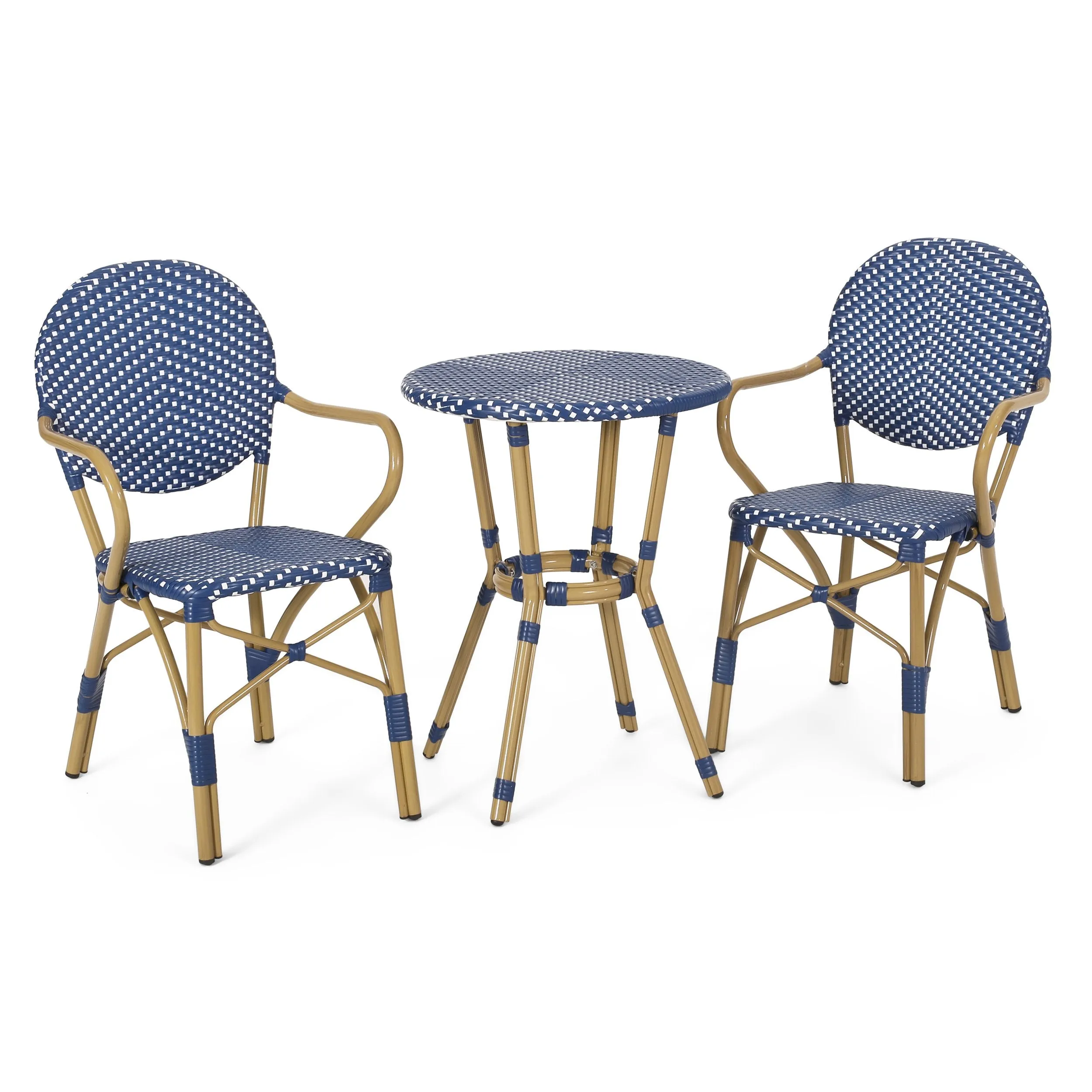 Outdoor Aluminum French Bistro Set, Dark Teal, White, and Bamboo Finish - NH354413 patio chairs, outdoor seating