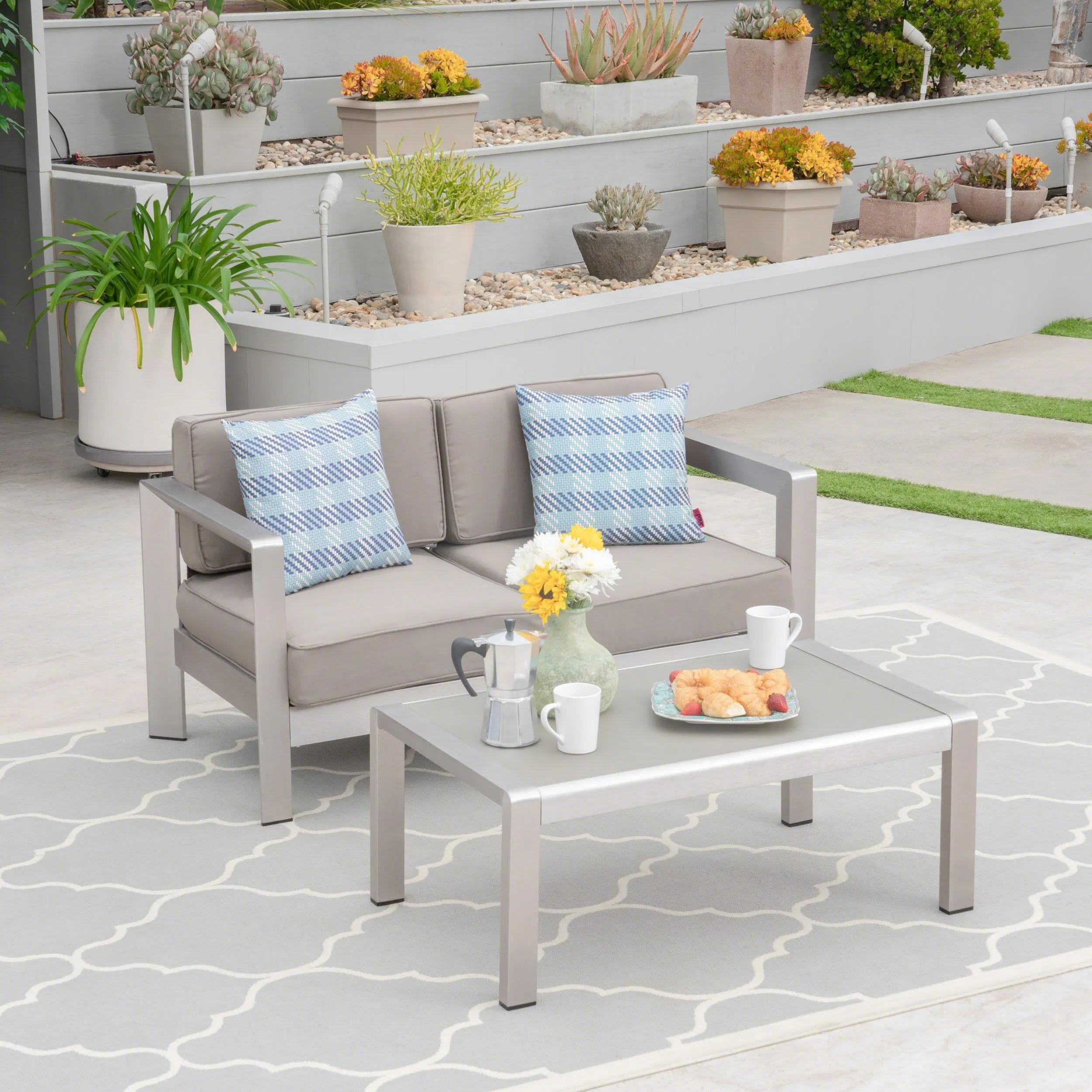 Outdoor Aluminum Loveseat and Tempered Glass-Topped Coffee Table - NH564603 clothes rack, garment rack