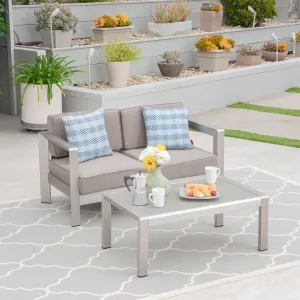 Outdoor Aluminum Loveseat and Tempered Glass-Topped Coffee Table - NH564603 patio chairs, outdoor seating