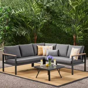 Outdoor Aluminum V-Shaped Sofa Set with Faux Wood Accents, Gray Finish and Gray - NH503903 serving bowl, serving dish