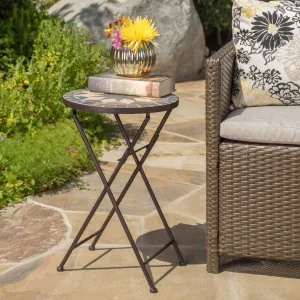 Outdoor Beige and Black Stone Side Table with Iron Frame - NH851103 coffee table, accent table
