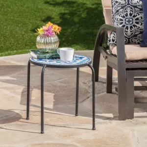 Outdoor Blue & White Ceramic Tile Iron Frame Side Table - NH161103 coffee table, accent table