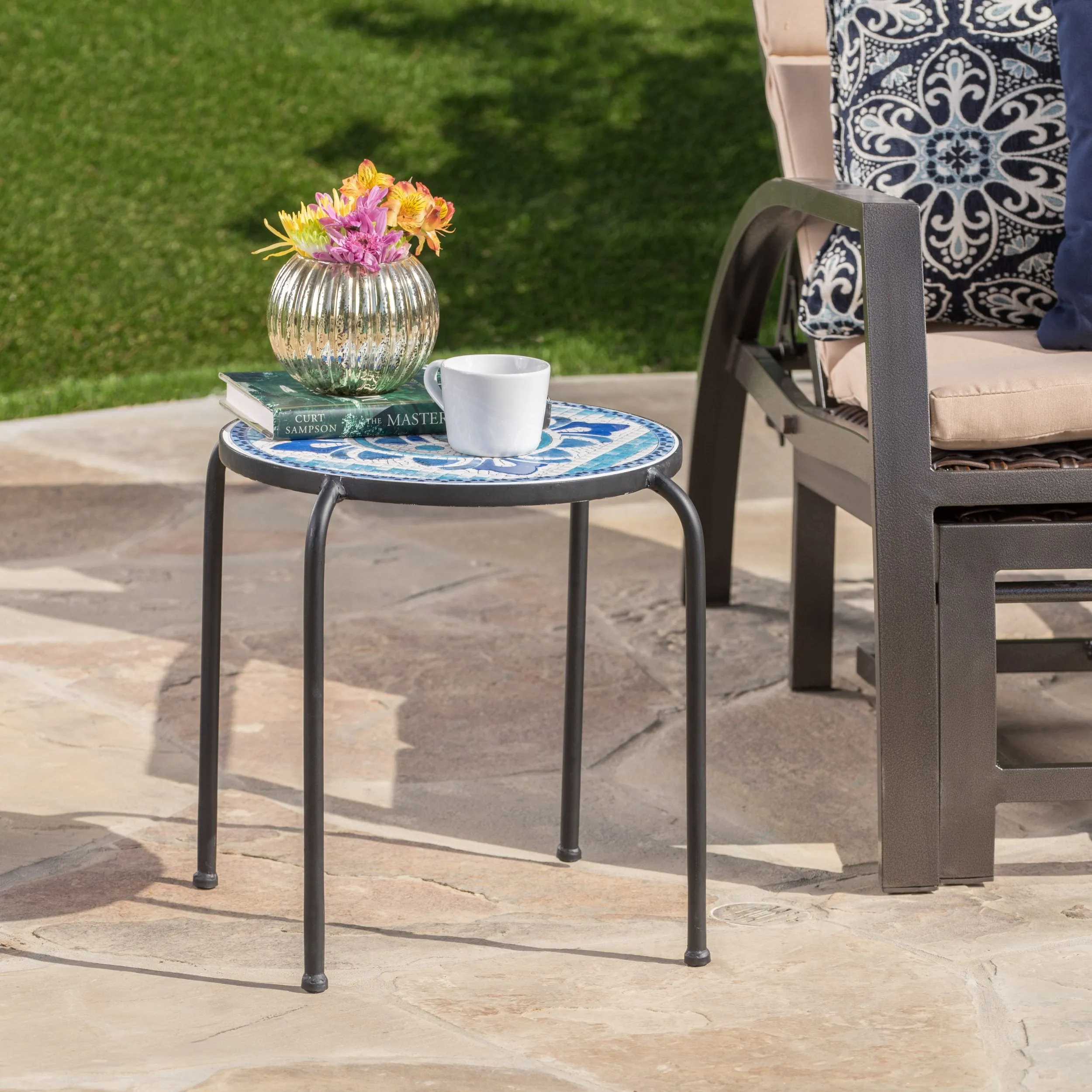 Outdoor Blue & White Ceramic Tile Iron Frame Side Table - NH161103 coffee table, accent table