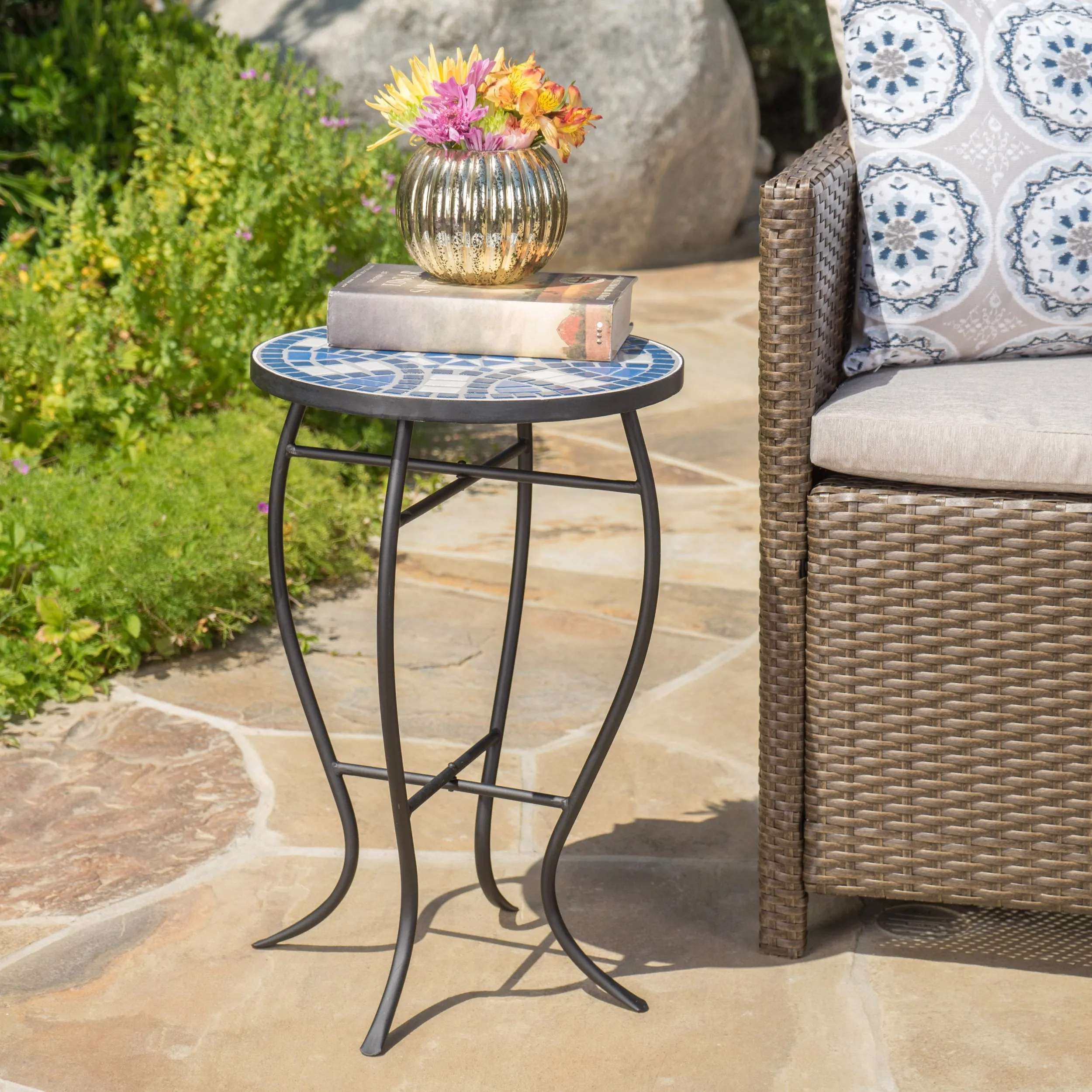Outdoor Blue & White Ceramic Tile Iron Frame Side Table - NH261103 patio chairs, outdoor seating