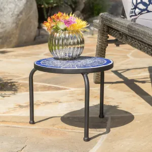 Outdoor Blue & White Ceramic Tile Iron Frame Side Table - NH361103 coffee table, accent table