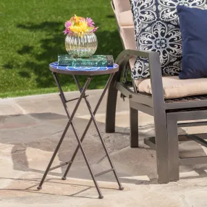 Outdoor Blue and White Glass Side Table with Iron Frame - NH061103 coffee table, accent table