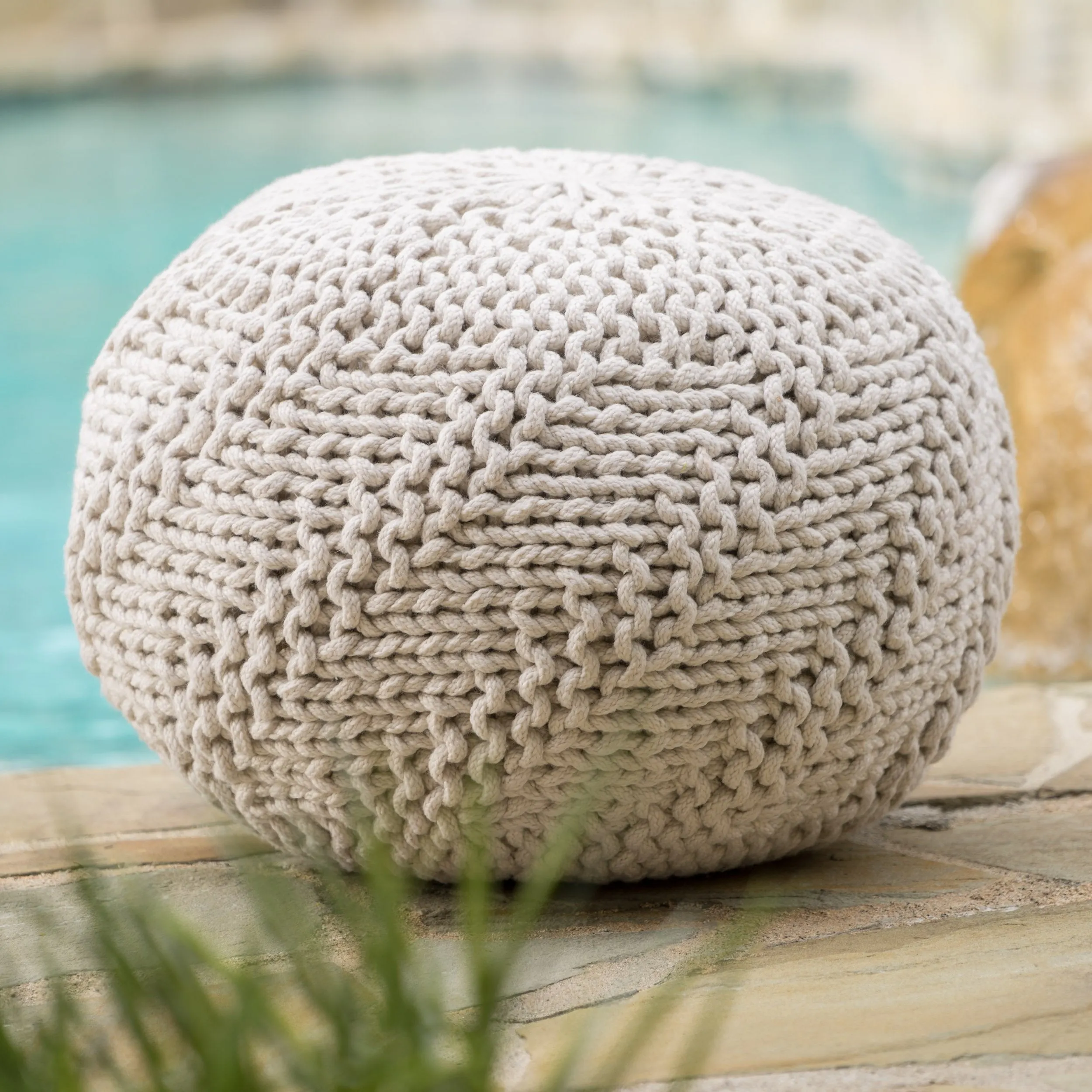 Outdoor Boho Round Hand-Crafted Knitted Ottoman Pouf - NH116003 patio chairs, outdoor seating