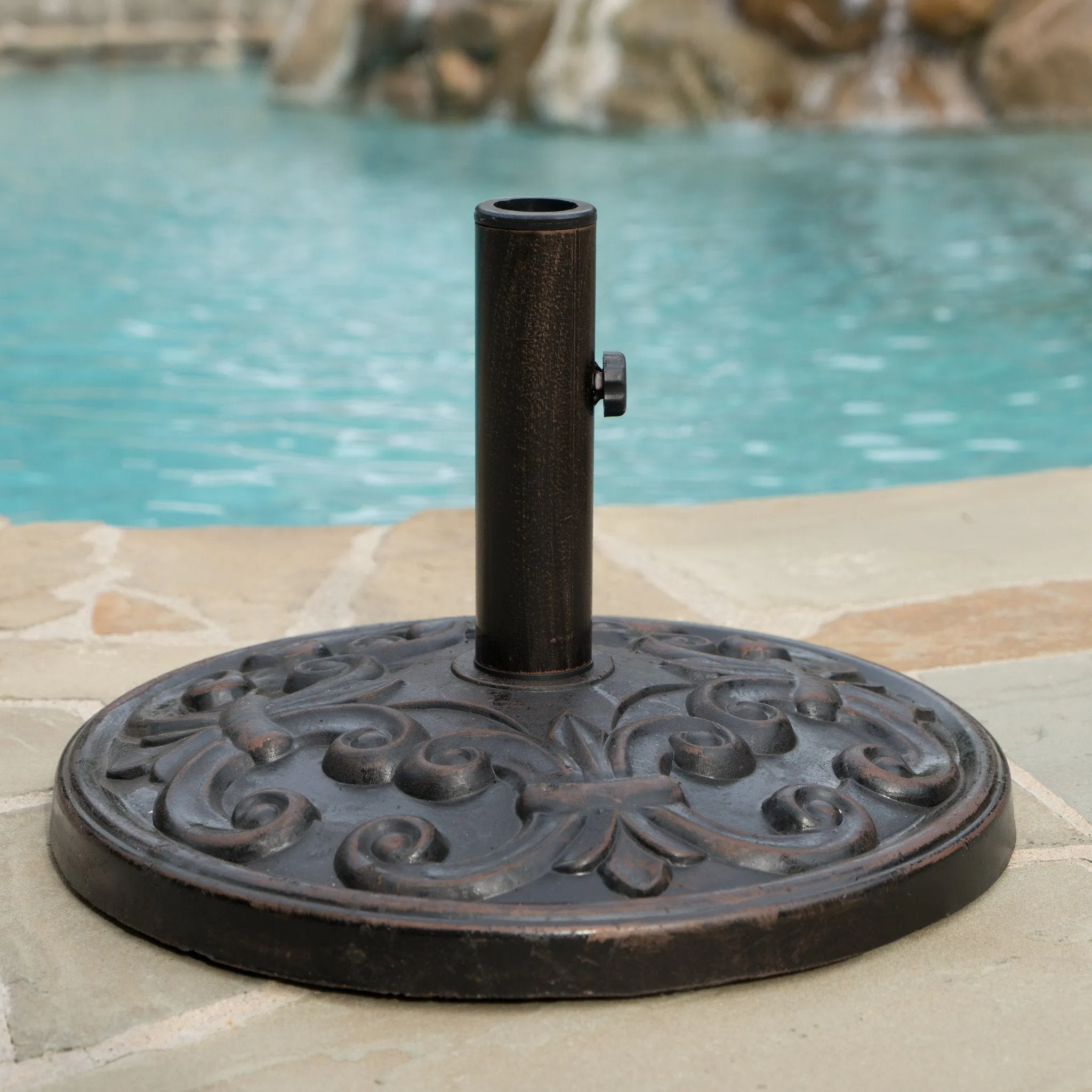 Outdoor Bronze Resin and Black Steel Unbrella Base - NH183003 cowhide rug, luxury rug