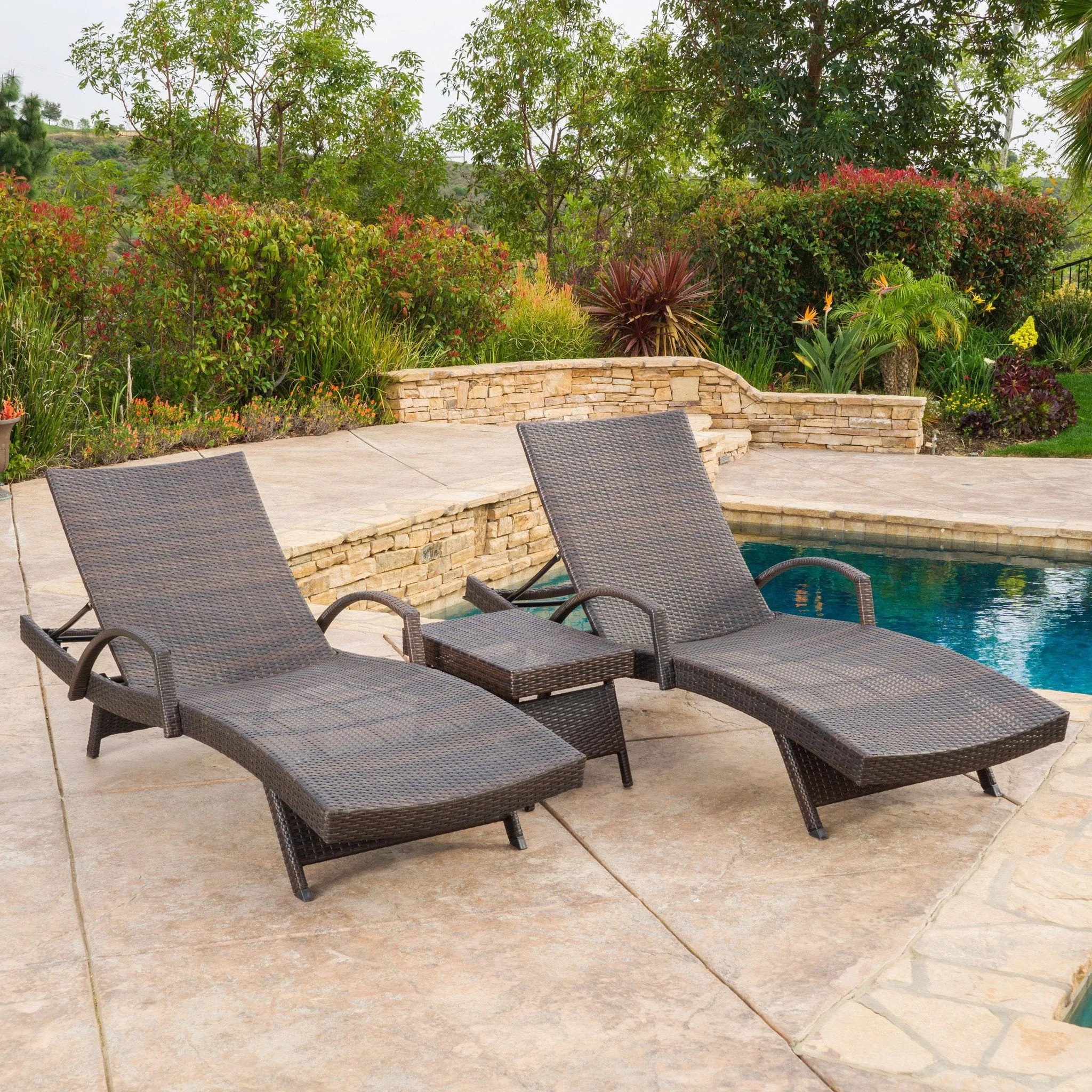 Outdoor Brown Wicker 3-piece Adjustable Armed Chaise Lounge Set - NH777692 patio chairs, outdoor seating
