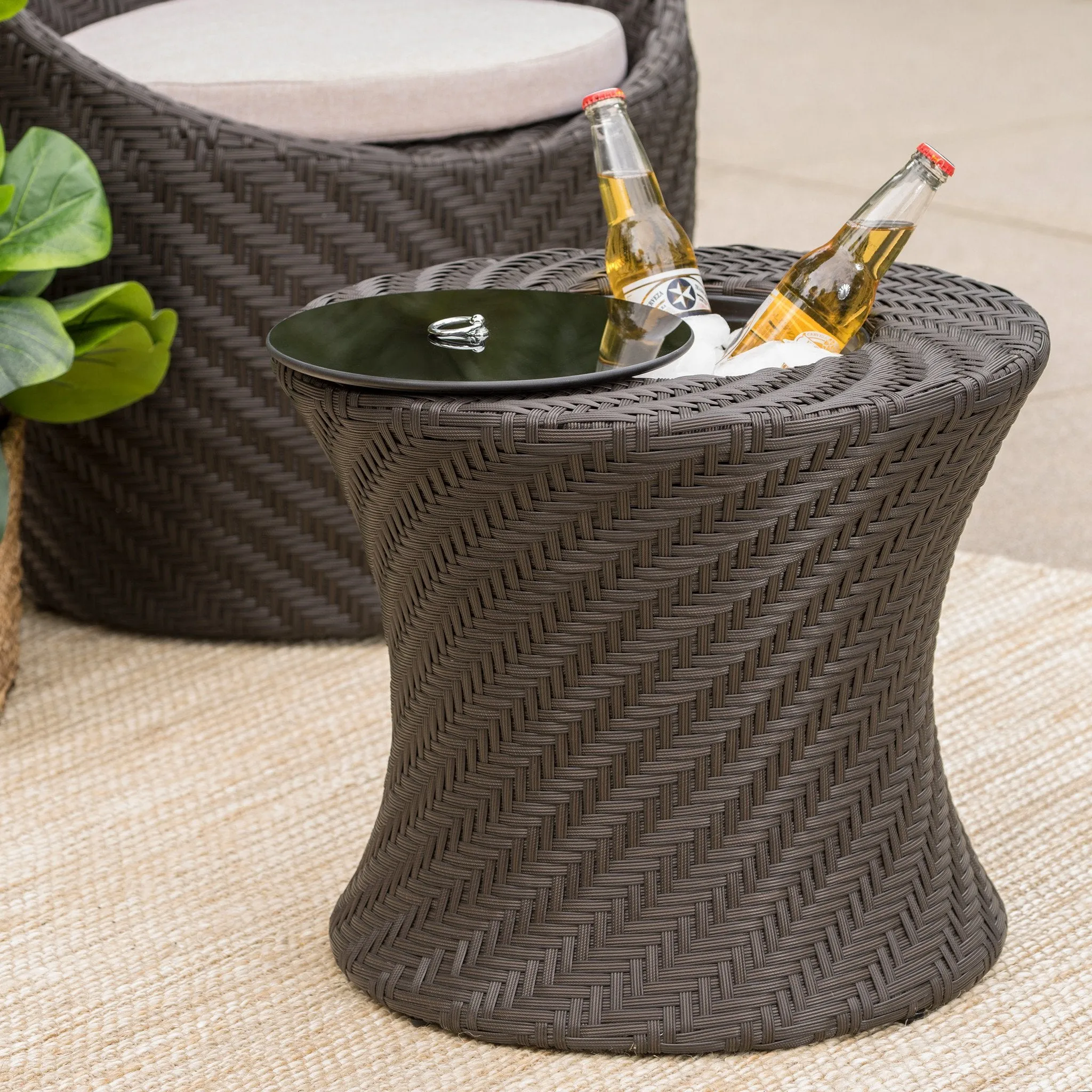 Outdoor Brown Wicker Accent Table with Ice Bucket - NH723003 coffee table, accent table