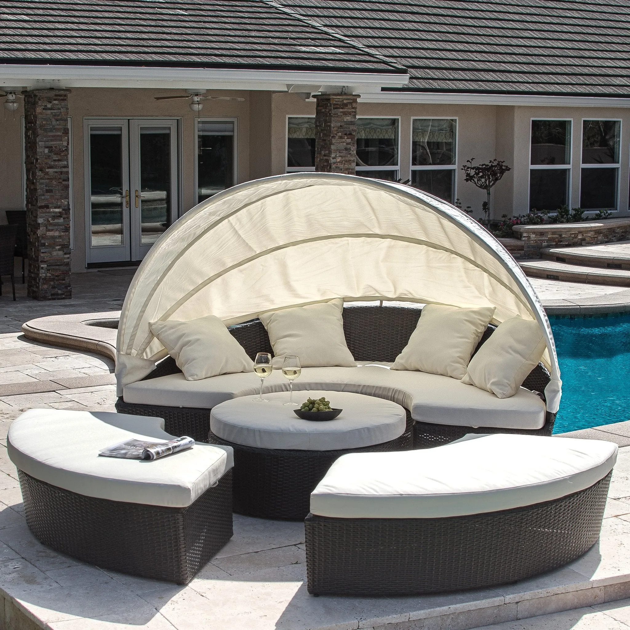Outdoor Brown Wicker Canopy Daybed with an Ice Bucket - NH071832 patio chairs, outdoor seating