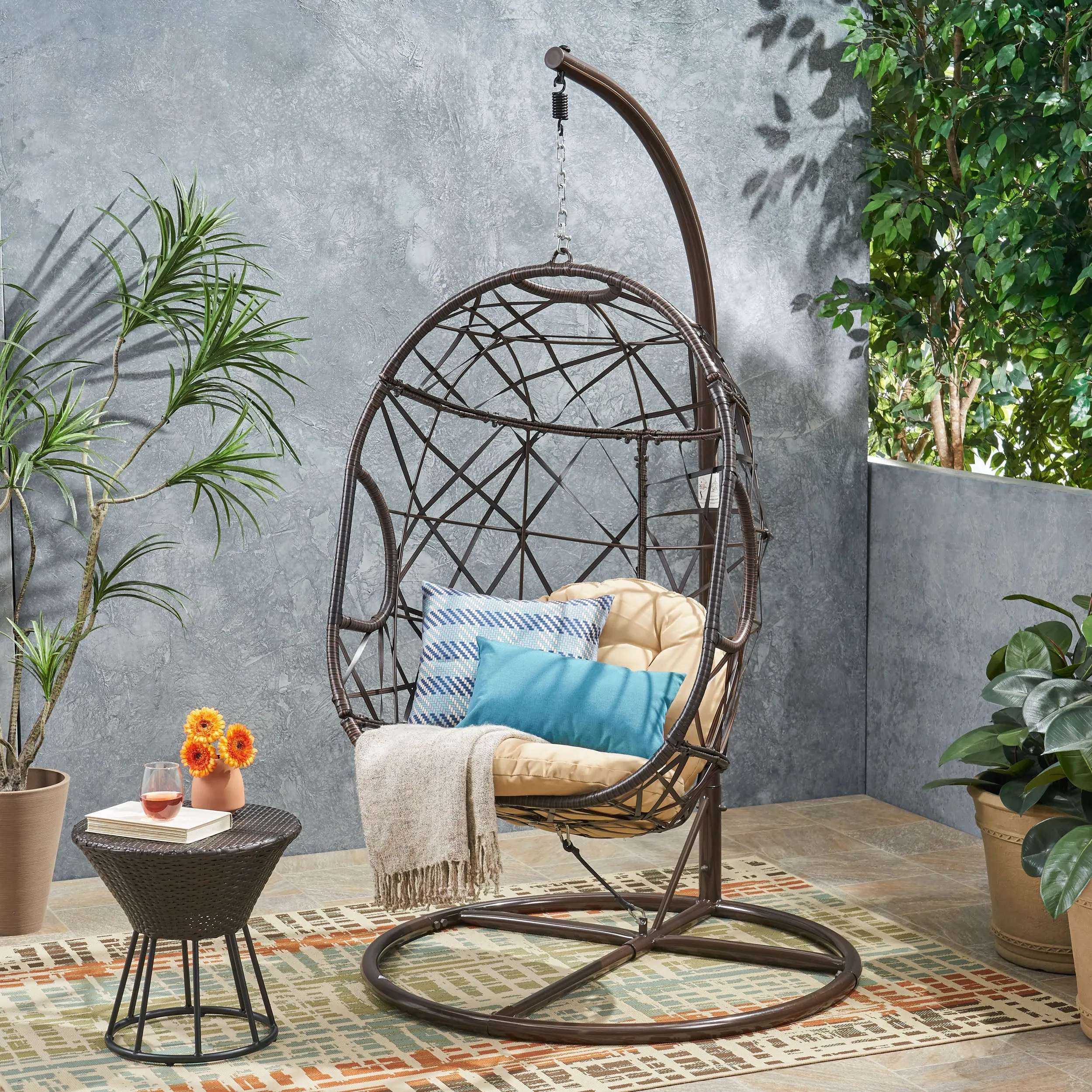 Outdoor Brown Wicker Hanging Teardrop / Egg Chair - NH669432 chandelier, pendant light