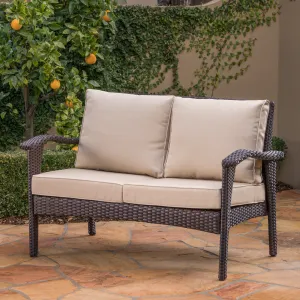 Outdoor Brown Wicker Loveseat with Water Resistant Cushions - NH289303 patio chairs, outdoor seating