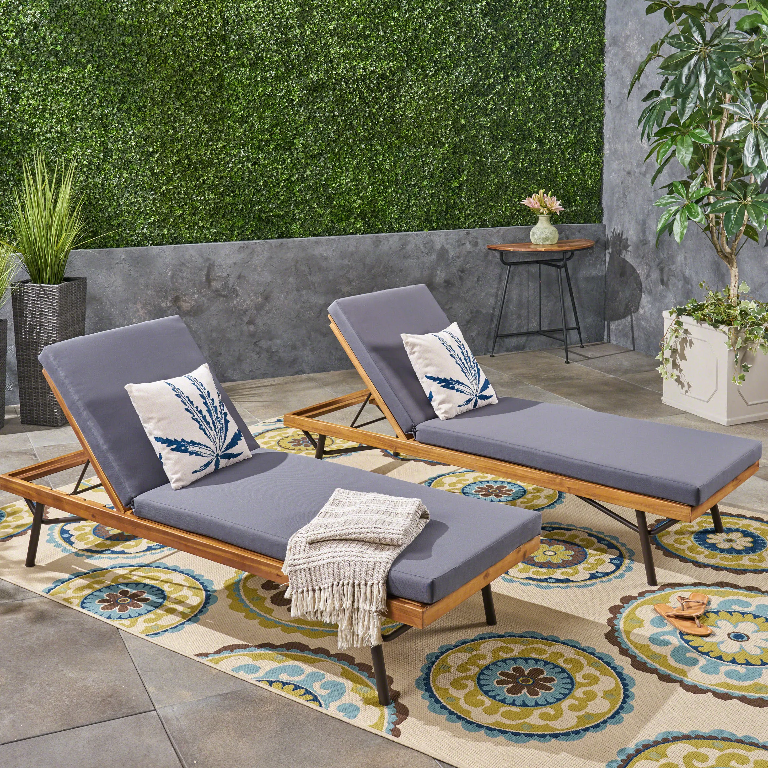 Outdoor Chaise Lounges, Acacia Wood and Eucalyptus, Outdoor Cushions, Teak, Rustic Metal, Dark Gray (Set of 2) - NH802703 patio chairs, outdoor seating