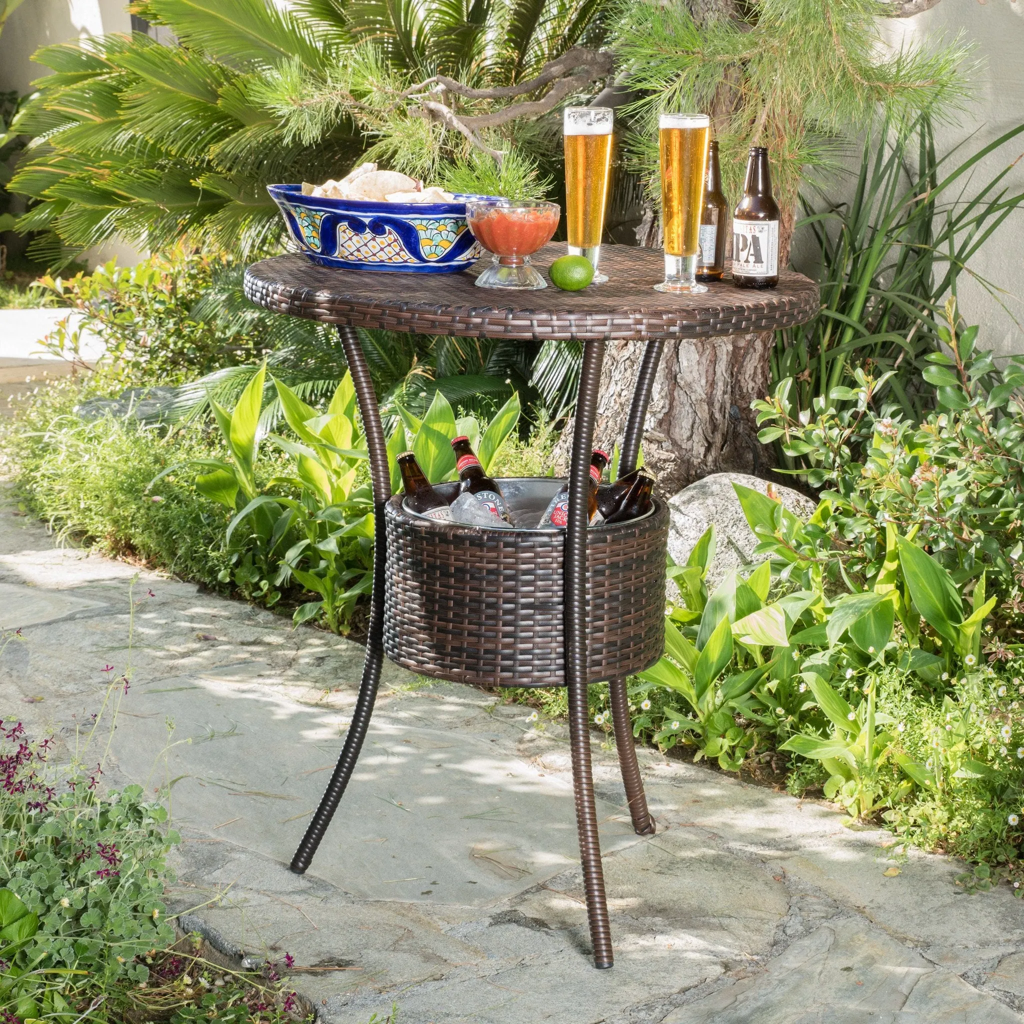 Outdoor Circular Multi-Brown Wicker Dining Table with Ice Bucket - NH425692 patio chairs, outdoor seating