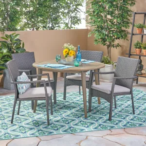 Outdoor Coastal 5 Piece Wicker Dining Set with Round Acacia Wood Table - NH062503 patio chairs, outdoor seating