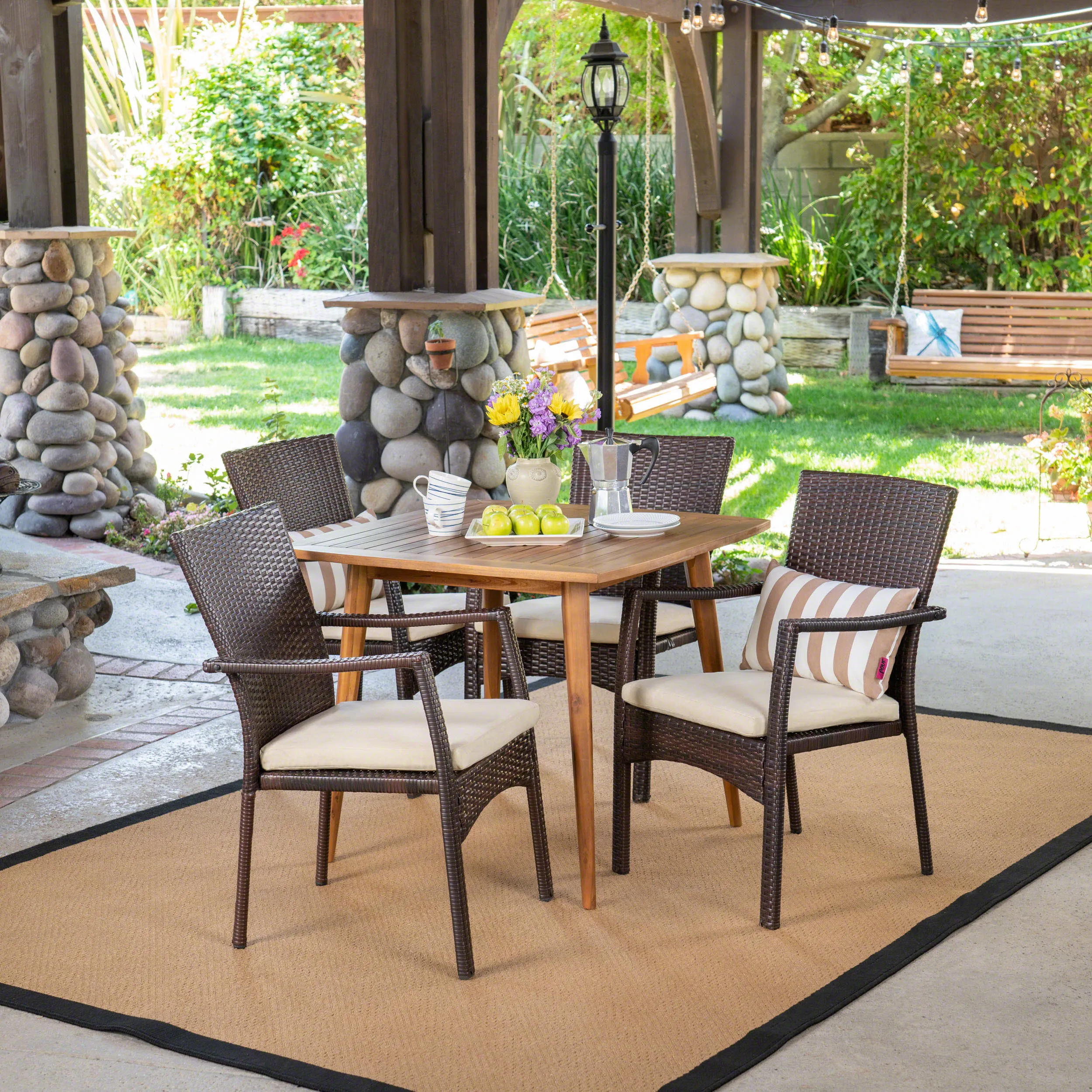 Outdoor Coastal 5 Piece Wicker Dining Set with Slat-Top Acacia Wood Table - NH911503