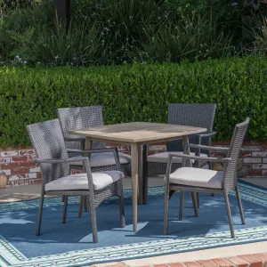 Outdoor Coastal 5 Piece Wicker Dining Set with Slat-Top Acacia Wood Table - NH911503 patio chairs, outdoor seating