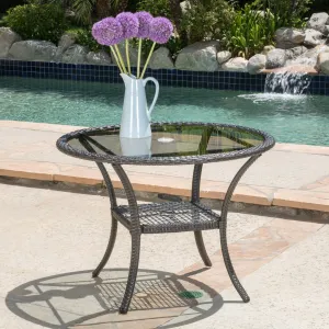 Outdoor Coastal Gray Wicker Side Table with Tempered Glass Top - NH725692 patio chairs, outdoor seating