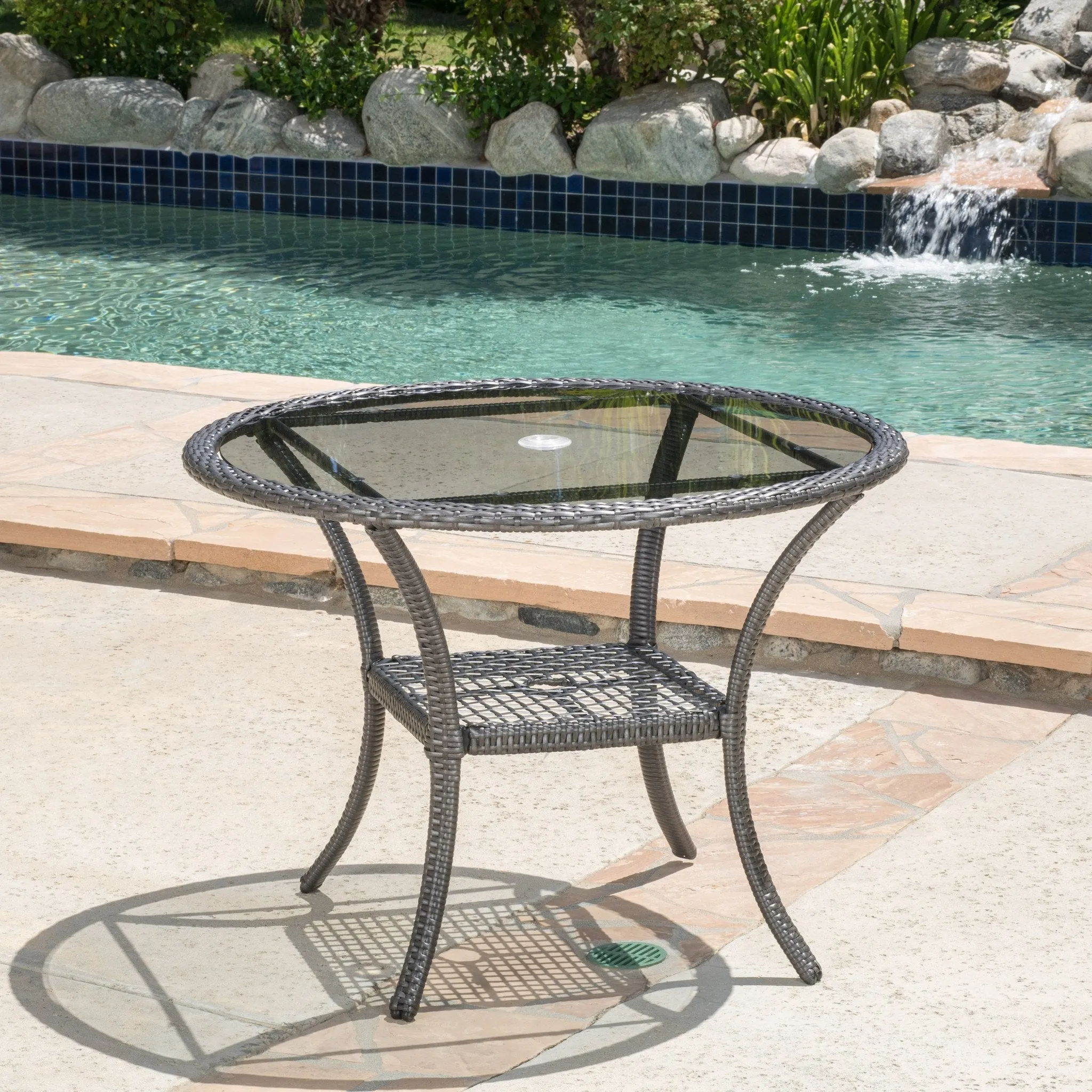 Outdoor Coastal Gray Wicker Side Table with Tempered Glass Top - NH725692