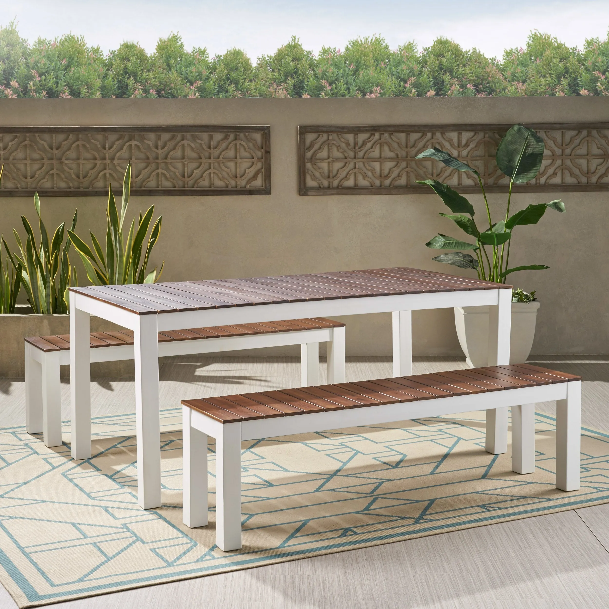 Outdoor Contemporary 3 Piece Acacia Wood Picnic Dining Set with Benches - NH985992 patio chairs, outdoor seating