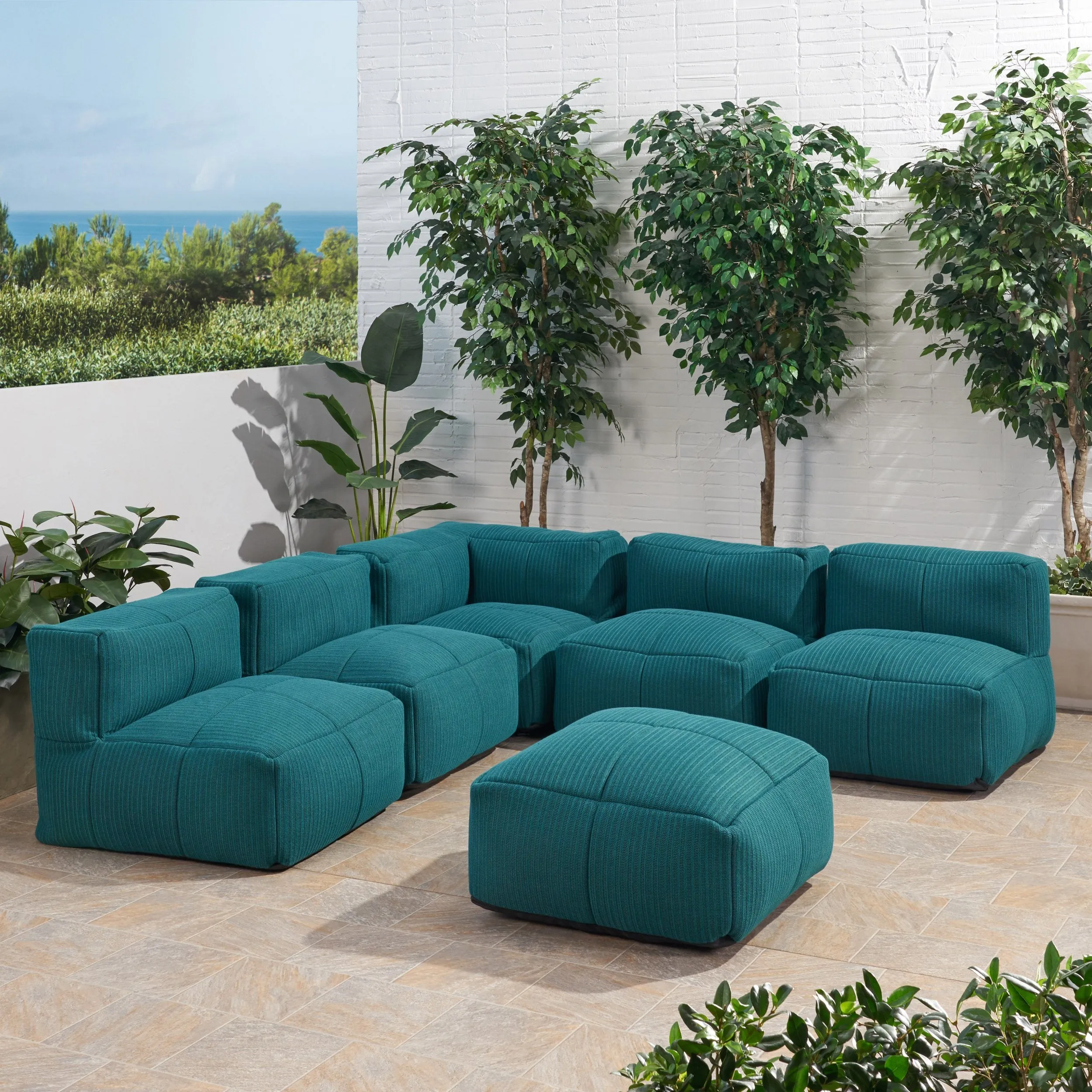 Outdoor Contemporary Fabric 5 Seater Bean Bag Sectional with Ottoman - NH032113 patio chairs, outdoor seating