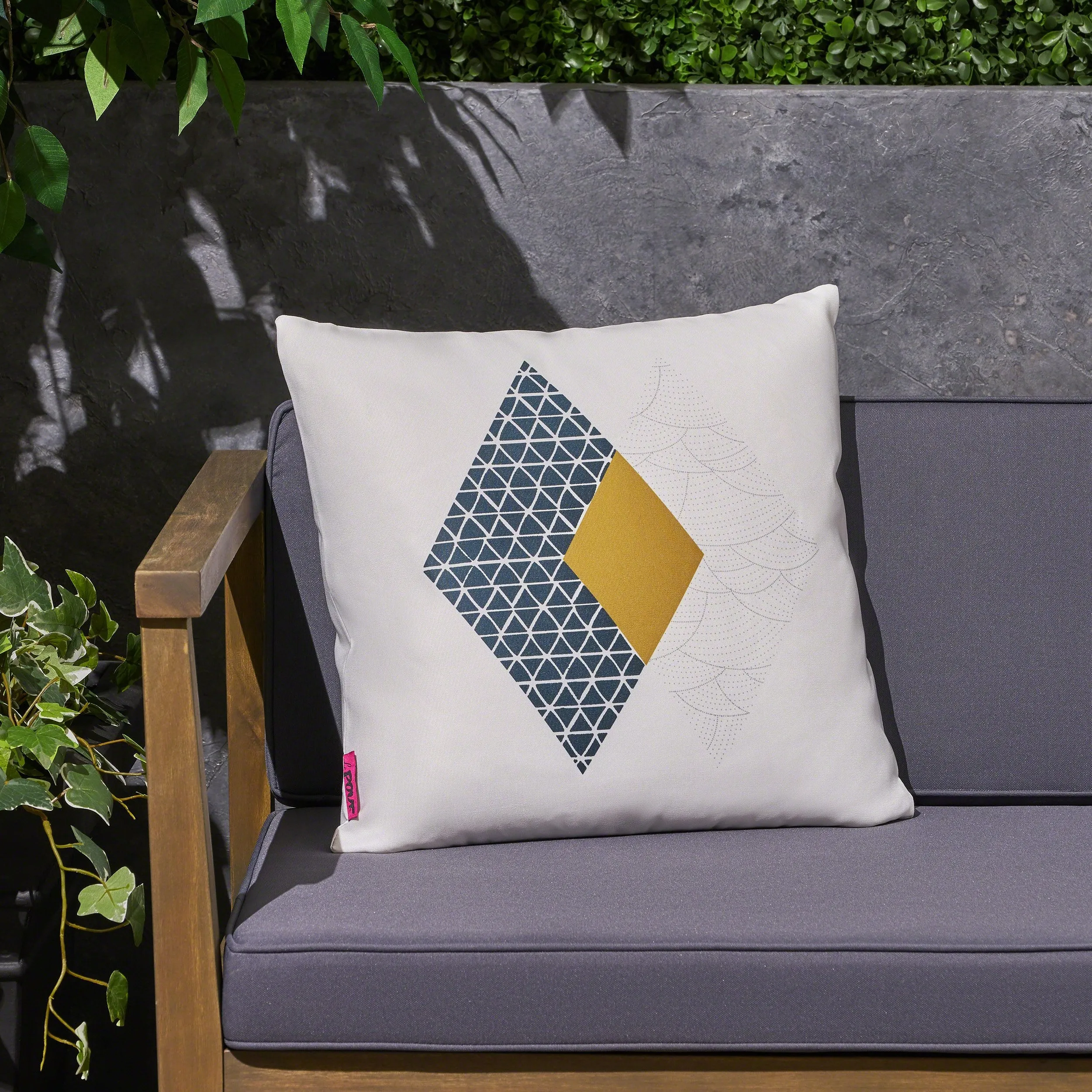 Outdoor Cushion, 17.75" Square, Abstract Geometric Pattern, Modern, Contemporary, White, Dark Blue, Yellow - NH441703 patio chairs, outdoor seating