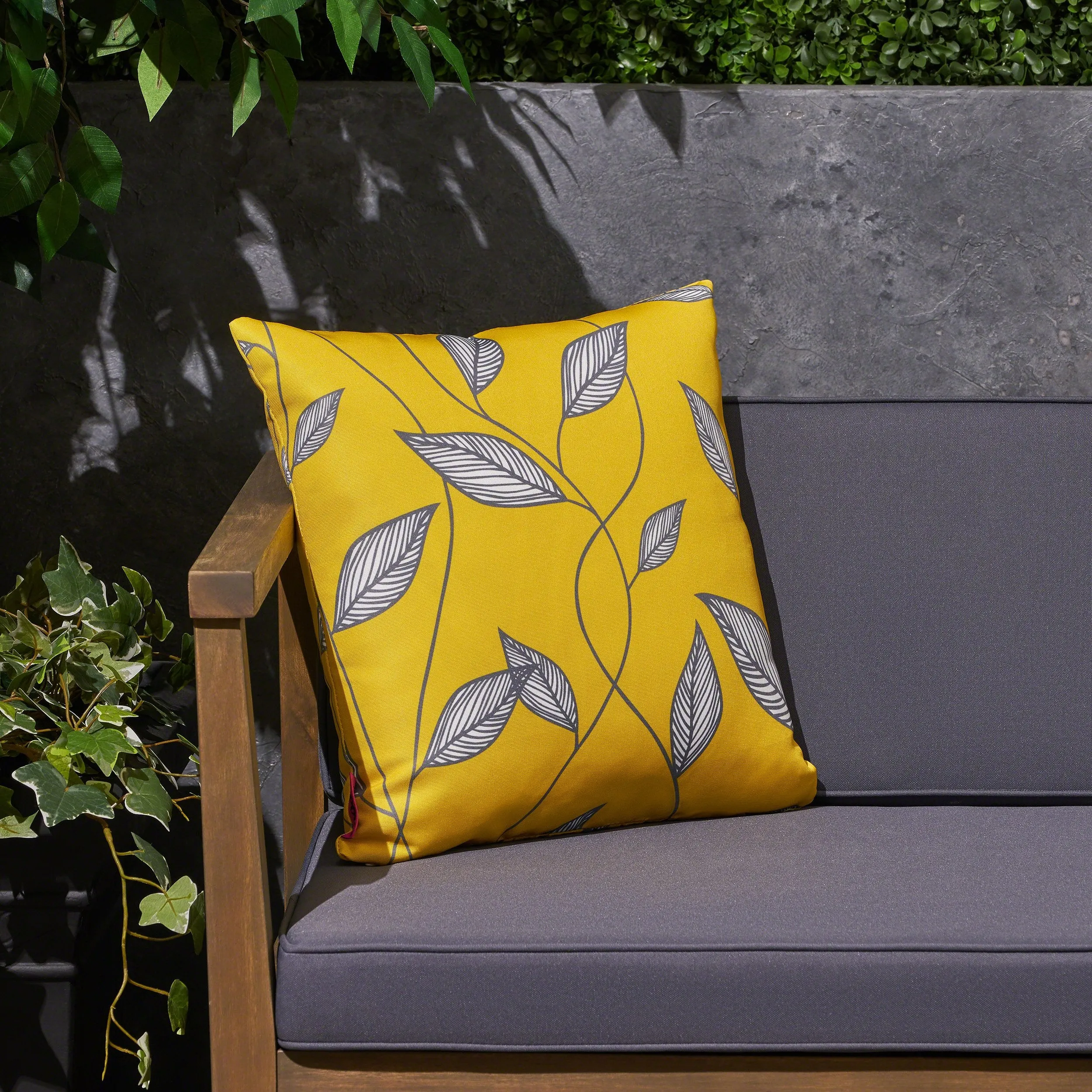Outdoor Cushion, 17.75" Square, Cute Leaves, Yellow, Cream, Gray - NH531703 patio chairs, outdoor seating