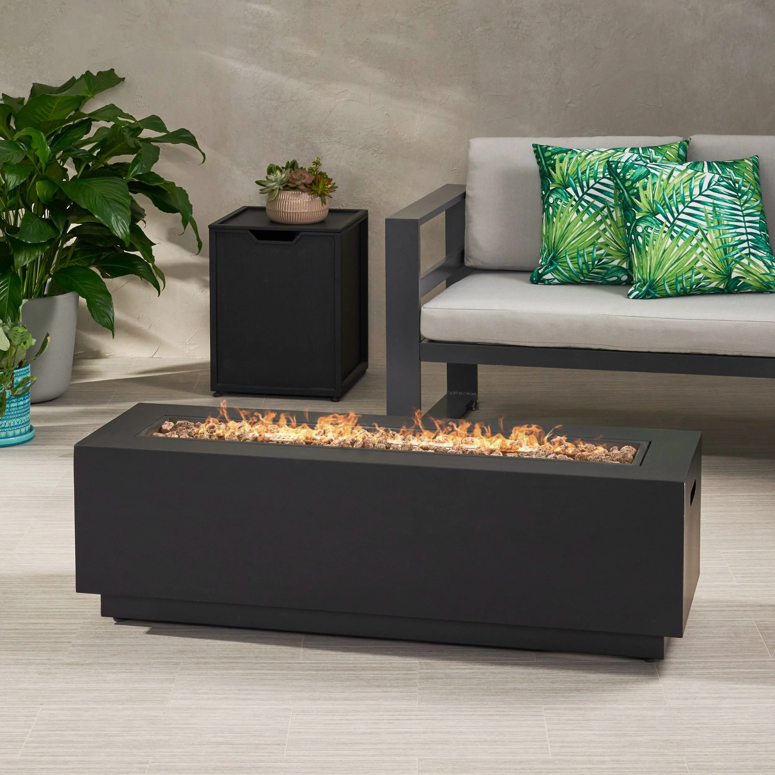 Outdoor Dark Gray Iron Rectangular Propane Fire Pit - 50,000 BTU - NH710403 patio chairs, outdoor seating