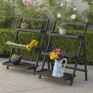 Outdoor Dark Grey Acacia Wood Plant Stand (Set of 2) - NH085203 patio chairs, outdoor seating