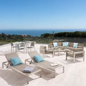 Outdoor Estate Collection - 4-Seat Dining Set, 3-Piece Sectional Sofa Set, 2 Club Chairs, 2 Chaise Lounges, Coffee Table - Aluminum - Faux Wood Table Top - Silver, Gray, Khaki - NH420703 cushion cover, soft furnishing