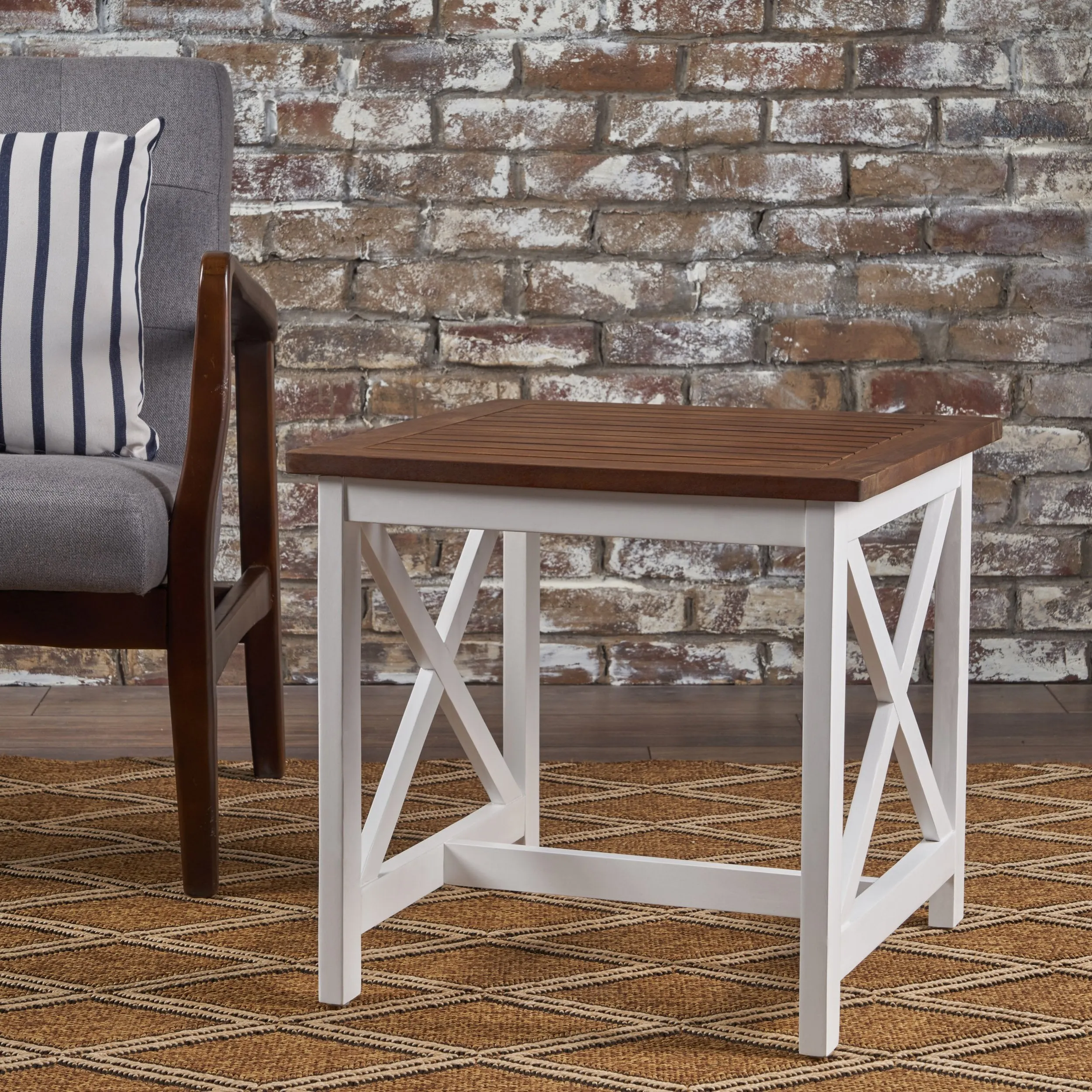 Outdoor Farmhouse Dark Oak Acacia Wood White Frame End Table - NH641203 coffee table, accent table