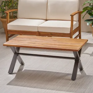 Outdoor Farmhouse Teak Acacia Wood Coffee Table with Black X-Frame Legs - NH693403 coffee table, accent table